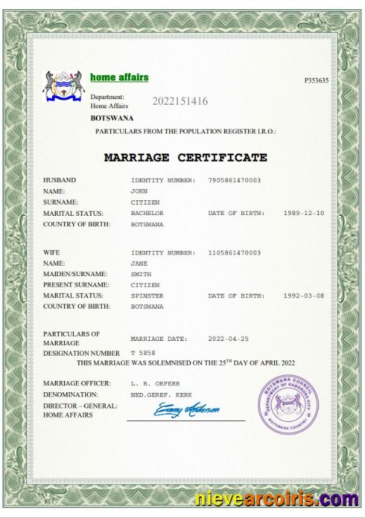 Botswana marriage certificate